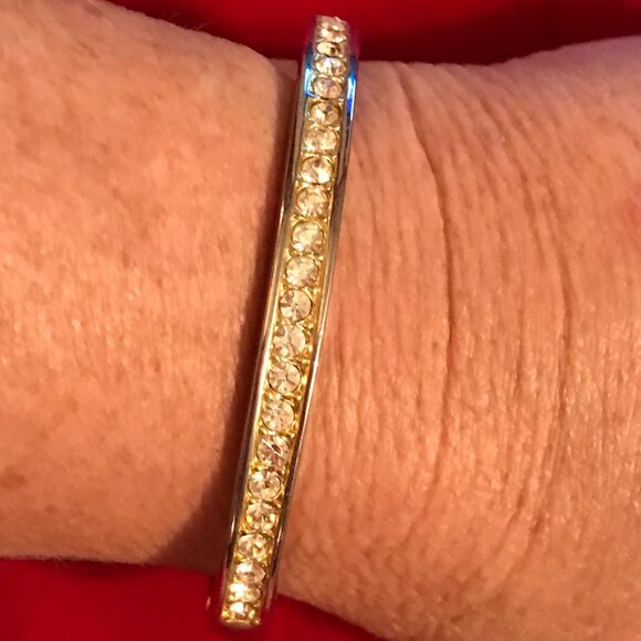 Gold Tone Pave Swarovski Crystal Hinged Bangle Bracelet - Picture 1 of 6